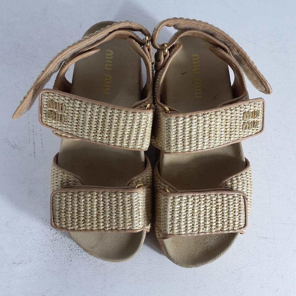 Miu Miu Beige Woven Cork Platform Sandals - Picture 6 of 8